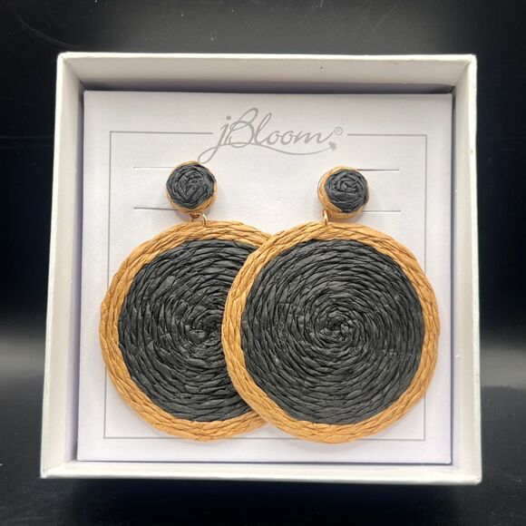 J Bloom Earrings Black Tan Large Circle Drop Dangle Straw Raffia Boho Earrings - Picture 1 of 11